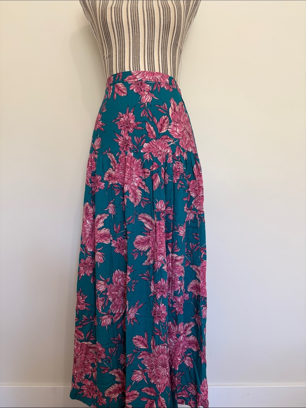 Teal Maxi Skirt with Pink Floral Print - Women